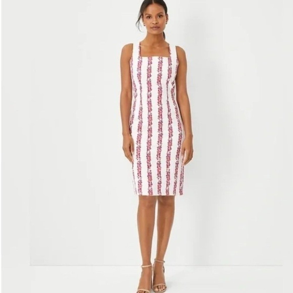 Ann Taylor Dress Floral Vertical Stripe Sheath Square Neckline Size 6 Feminine